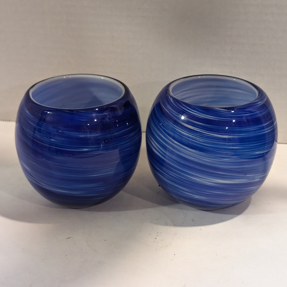 2 Blown Blue Glass Swirl Candle Holder.
